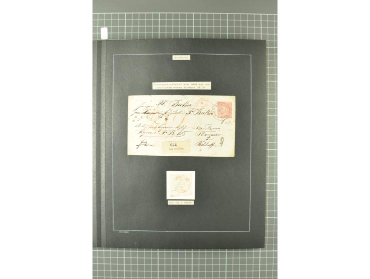 1867/77, FRANCO-Stempel Aachen bis Thorn, umfangreiche Sammlung mit ca. 350 Briefen und Karten in 3 Alben, dabei Teilbarfrank