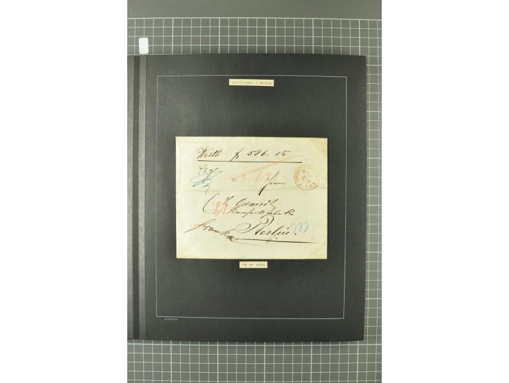 1867/77, FRANCO-Stempel Aachen bis Thorn, umfangreiche Sammlung mit ca. 350 Briefen und Karten in 3 Alben, dabei Teilbarfrank