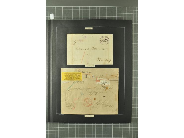 1867/77, FRANCO-Stempel Aachen bis Thorn, umfangreiche Sammlung mit ca. 350 Briefen und Karten in 3 Alben, dabei Teilbarfrank