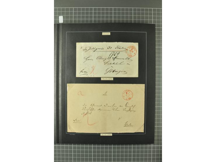 1867/77, FRANCO-Stempel Aachen bis Thorn, umfangreiche Sammlung mit ca. 350 Briefen und Karten in 3 Alben, dabei Teilbarfrank