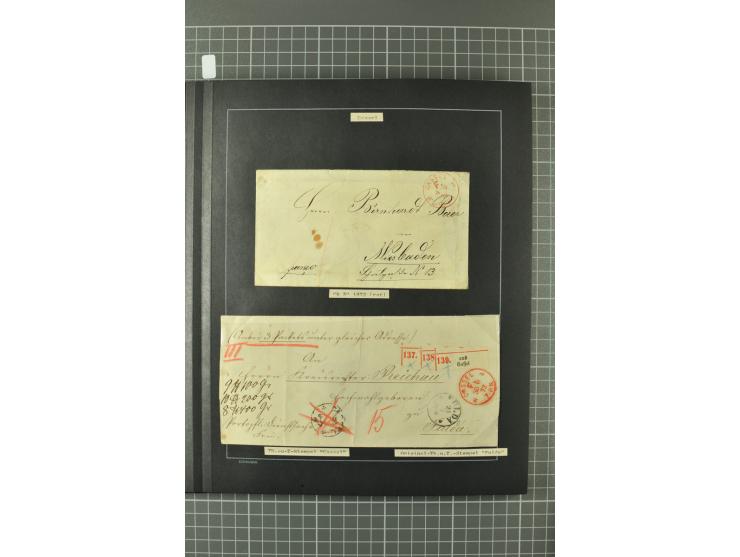 1867/77, FRANCO-Stempel Aachen bis Thorn, umfangreiche Sammlung mit ca. 350 Briefen und Karten in 3 Alben, dabei Teilbarfrank