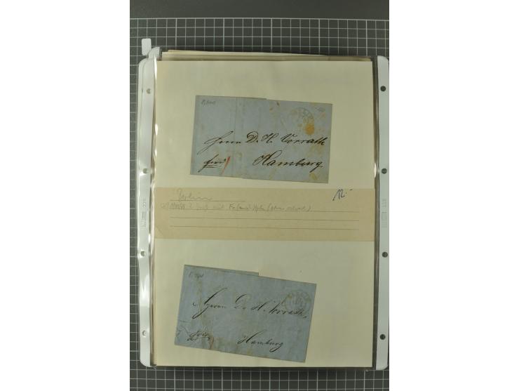 1867/77, FRANCO-Stempel Aachen bis Thorn, umfangreiche Sammlung mit ca. 350 Briefen und Karten in 3 Alben, dabei Teilbarfrank