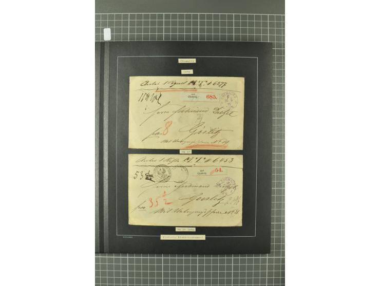 1867/77, FRANCO-Stempel Aachen bis Thorn, umfangreiche Sammlung mit ca. 350 Briefen und Karten in 3 Alben, dabei Teilbarfrank