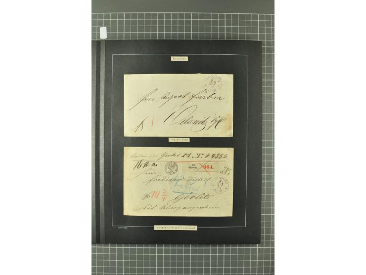 1867/77, FRANCO-Stempel Aachen bis Thorn, umfangreiche Sammlung mit ca. 350 Briefen und Karten in 3 Alben, dabei Teilbarfrank