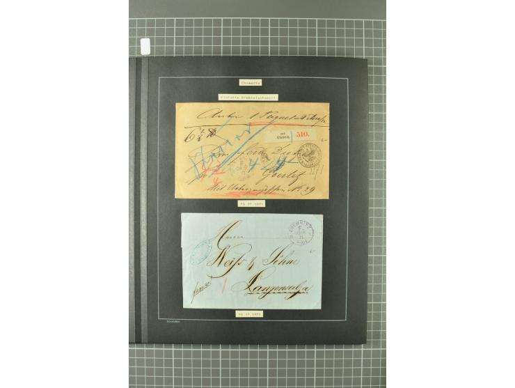 1867/77, FRANCO-Stempel Aachen bis Thorn, umfangreiche Sammlung mit ca. 350 Briefen und Karten in 3 Alben, dabei Teilbarfrank
