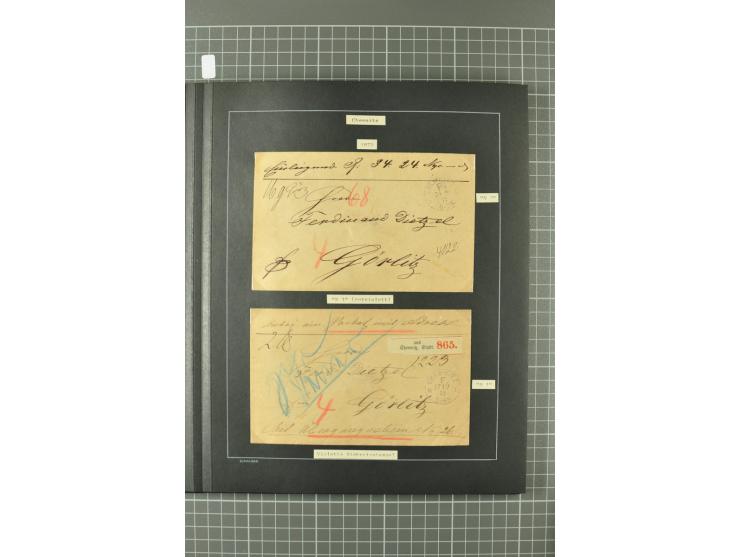 1867/77, FRANCO-Stempel Aachen bis Thorn, umfangreiche Sammlung mit ca. 350 Briefen und Karten in 3 Alben, dabei Teilbarfrank