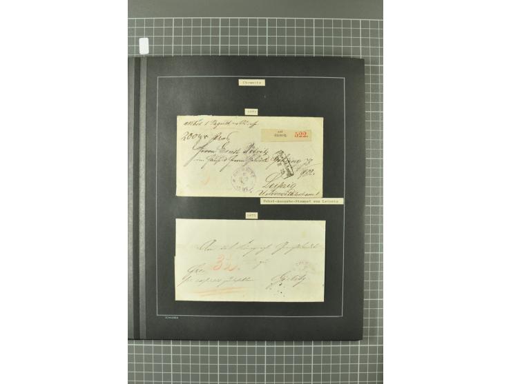1867/77, FRANCO-Stempel Aachen bis Thorn, umfangreiche Sammlung mit ca. 350 Briefen und Karten in 3 Alben, dabei Teilbarfrank