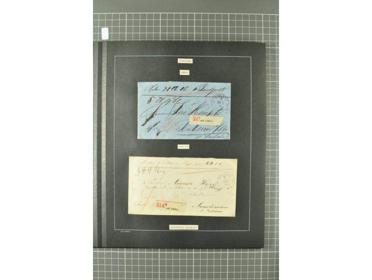 1867/77, FRANCO-Stempel Aachen bis Thorn, umfangreiche Sammlung mit ca. 350 Briefen und Karten in 3 Alben, dabei Teilbarfrank
