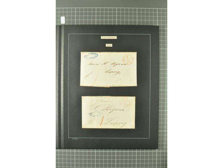 1867/77, FRANCO-Stempel Aachen bis Thorn, umfangreiche Sammlung mit ca. 350 Briefen und Karten in 3 Alben, dabei Teilbarfrank