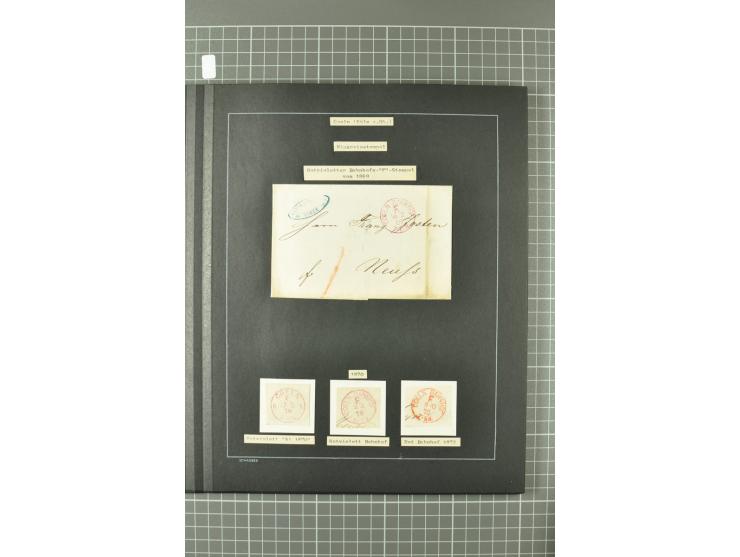 1867/77, FRANCO-Stempel Aachen bis Thorn, umfangreiche Sammlung mit ca. 350 Briefen und Karten in 3 Alben, dabei Teilbarfrank