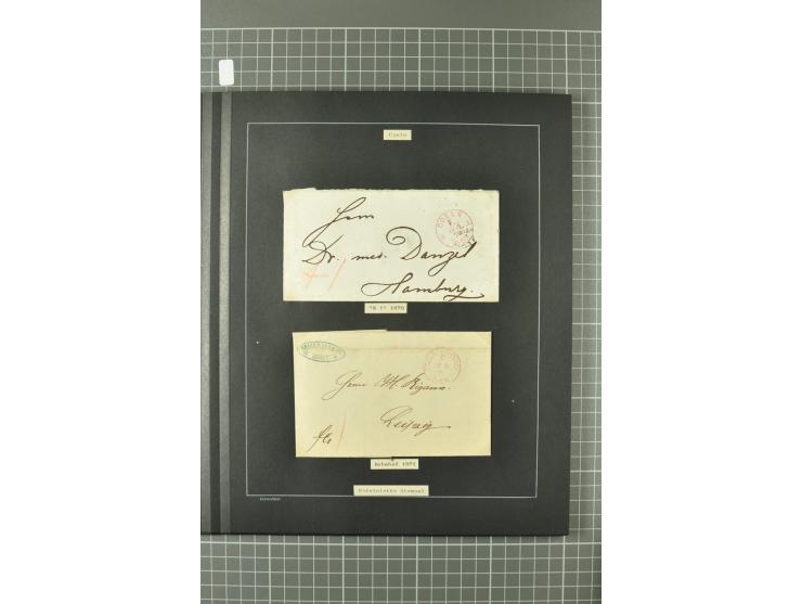 1867/77, FRANCO-Stempel Aachen bis Thorn, umfangreiche Sammlung mit ca. 350 Briefen und Karten in 3 Alben, dabei Teilbarfrank