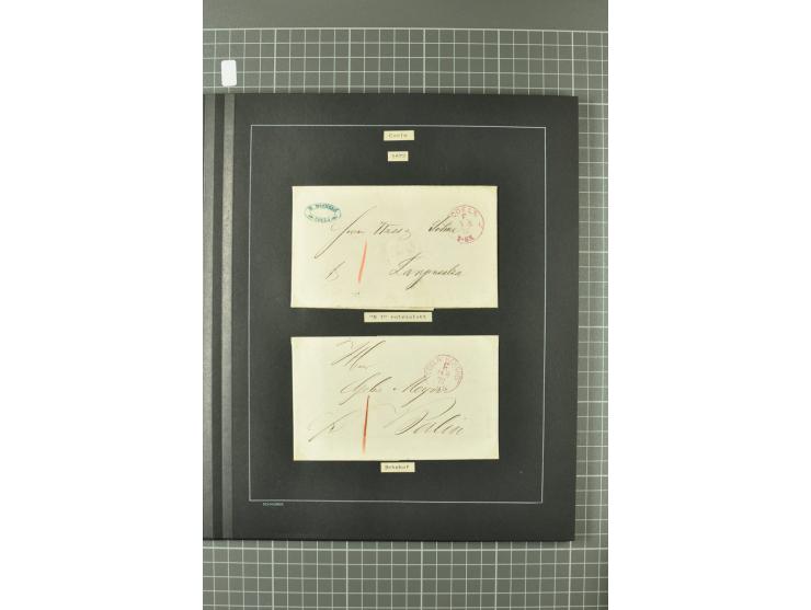 1867/77, FRANCO-Stempel Aachen bis Thorn, umfangreiche Sammlung mit ca. 350 Briefen und Karten in 3 Alben, dabei Teilbarfrank