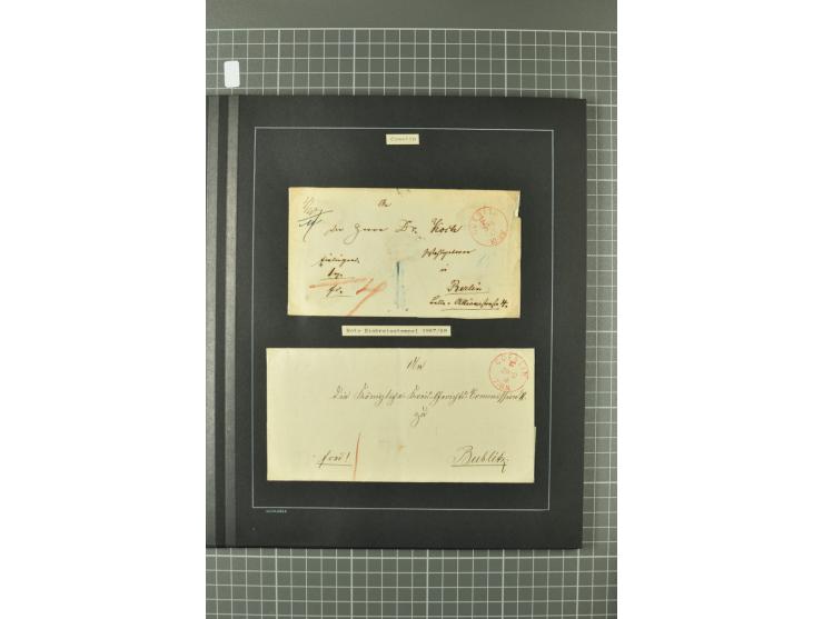 1867/77, FRANCO-Stempel Aachen bis Thorn, umfangreiche Sammlung mit ca. 350 Briefen und Karten in 3 Alben, dabei Teilbarfrank