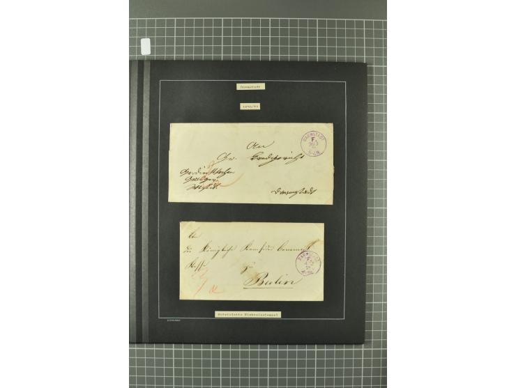 1867/77, FRANCO-Stempel Aachen bis Thorn, umfangreiche Sammlung mit ca. 350 Briefen und Karten in 3 Alben, dabei Teilbarfrank