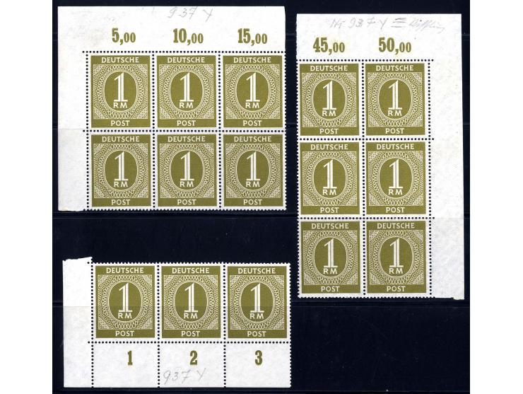 Ziffer 1 M. mit steigendem Wz., 15 postfrische Werte in Einheiten, dabei 3 Eckrandstücke (Mi.-Nr. 937Y; Mi. 900,-)