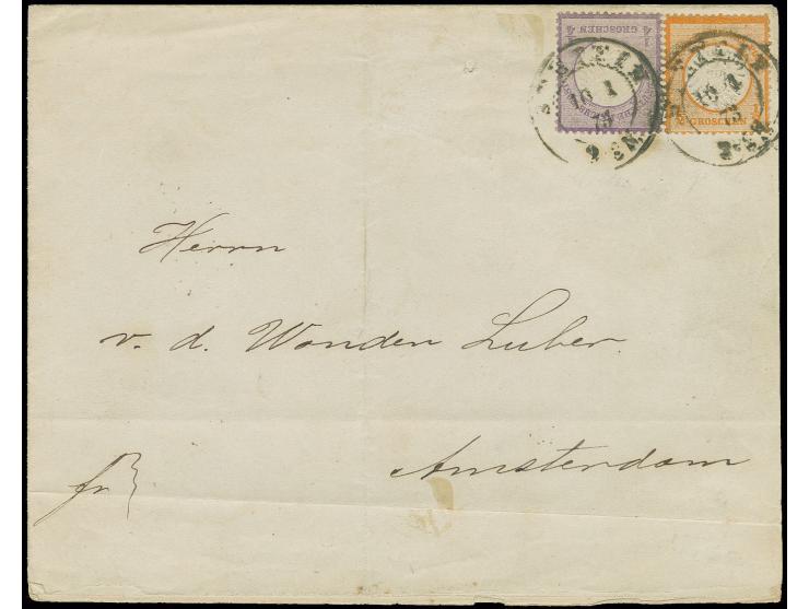 Kleiner Brustschild: 1/4 Gr. grauviolett in Mischfrankatur mit Großer Schild 1/2 Gr. orange mit Stempel "STETTIN 10.1.73" als