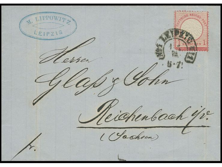 1 Gr. rötlichkarmin mit sichtbarem braunschwarzem Netzunterdruck mit Hufeisenstempel "LEIPZIG No1 1 5 72" (Spalink-Nr. 21-1) 