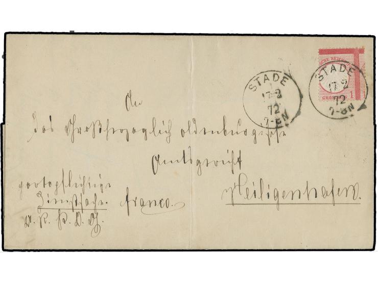1 Gr. karmin mit spektakulärer ca. 4 mm nach rechts versetzter Zähnung, so dass die 1 am rechten Rand zu sehen ist, mit EKr. 