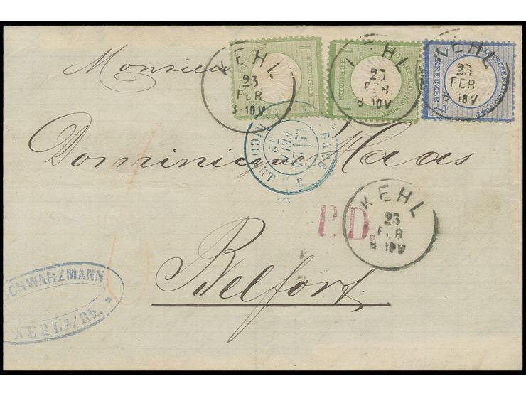 1 Kr. grün, 2 Einzelwerte in unterschiedlichen Nuancen zusammen mit 7 Kr. ultramarin, alle farbfrisch und bis auf 2 verkürzte