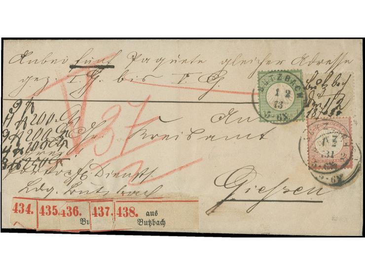 1 Kr. geblichgrün und Großer Schild 3 Kr. karmin mit EKr. "BUTZBACH 1.2.73" und Innendienstmarke 10 Gr. mit handschriftlicher