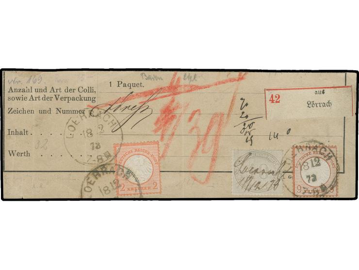 2 Kr. ziegelrot, Innendienstmarke 10 Gr. gelblichgrau und Großer Schild 9 Kr. rötlichbraun auf Paketbegleitbrief-Abschnitt vo