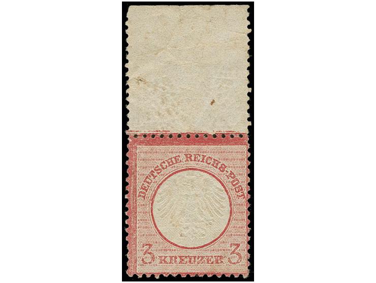 3 Kr. karmin, postfrisch vom oberen Bogenrand, gut geprägt und üblich gezähnt, bis auf leichte Patina und leichte Gummibüge e