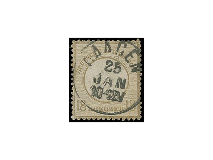 18 Kr. ockerbraun mit starker, ca. 2,5 mm nach rechts unten versetzter Prägung, mit Baden-EKr. "HAAGEN 25 JAN" , leichte Pati