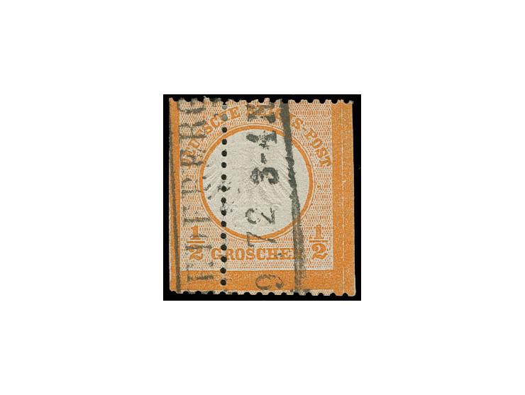½ Gr. orange mit starker vertikaler Verzähnung ca. 6,5 mm nach rechts versetzt, um das Markenbild zu erhalten wurde sie recht