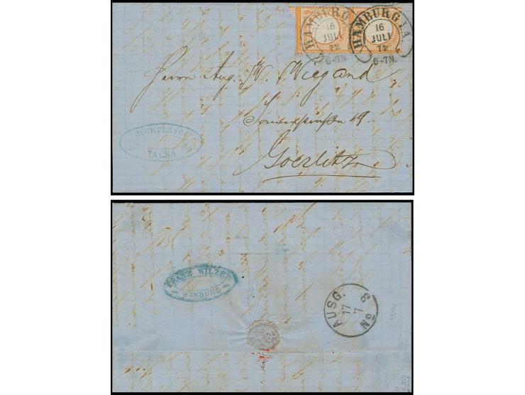 ½ Gr. orange im senkrechten Paar mit Hufeisenstempel "HAMBURG I.A. 16 JULI 72" auf Forwarded-Brief aus Tacna, Peru über die F