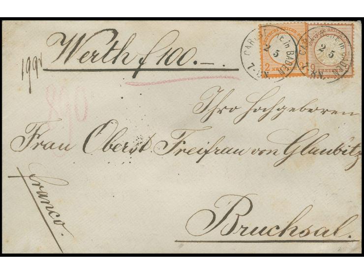2 Kr. orange und Großer Schild 9 Kr. rotbraun (leichte Patina), beide farbfrisch, gut gezähnt und mit schöner Prägung, mit je