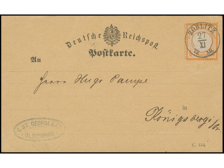 ½ Gr. orange mit starker, ca. 3 mm nach links versetzter Prägung, mit Sachsen-DKr. "ZÖBLITZ 27/XI 72" auf amtlichem Postkarte