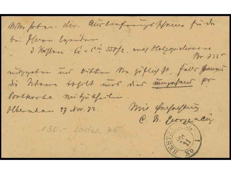 ½ Gr. orange mit starker, ca. 3 mm nach links versetzter Prägung, mit Sachsen-DKr. "ZÖBLITZ 27/XI 72" auf amtlichem Postkarte