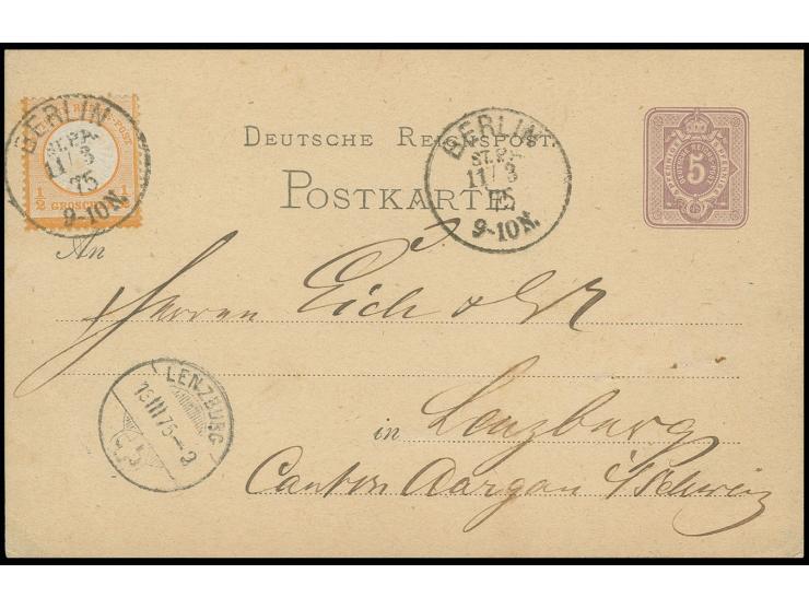 ½ Gr. orange als wertstufengleiche Mischfrankatur auf Postkarte 5 Pfge. von "BERLIN ST.P.A. 11/3 75" nach Lenzburg in der Sch