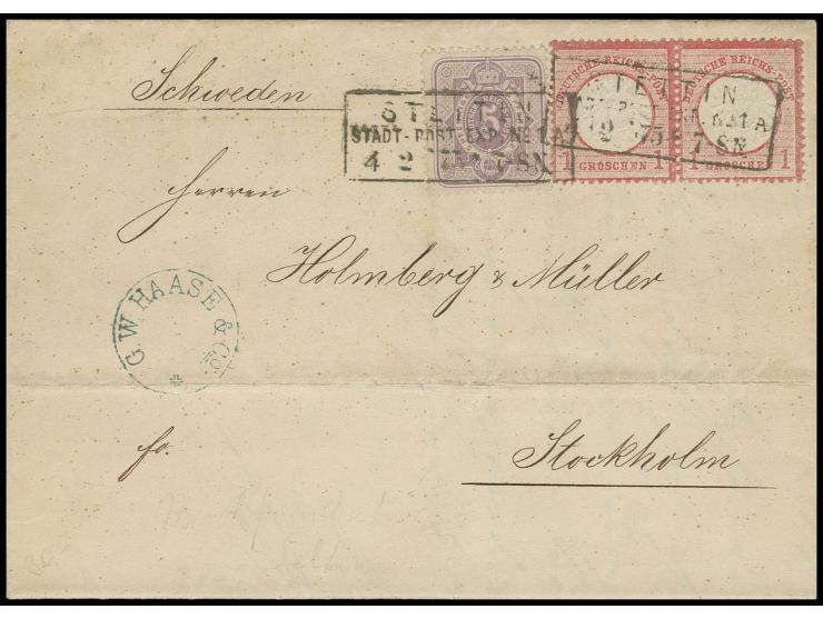 1 Gr. rosa im waagerechten Paar  in Mischfrankatur mit 5 Pfge. violett mit Ra2 "STETTIN STADT-POST-EXP. No.1A/ 4 2 75" auf kp