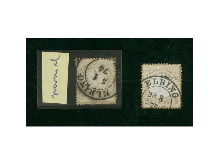 5 Gr. ockerbraun, "ELBINGER POSTFÄLSCHUNG" mit Preußen-DKr. "ELBING 23 3 75" sauber gestempelt, helle Stelle und in der Zähnu