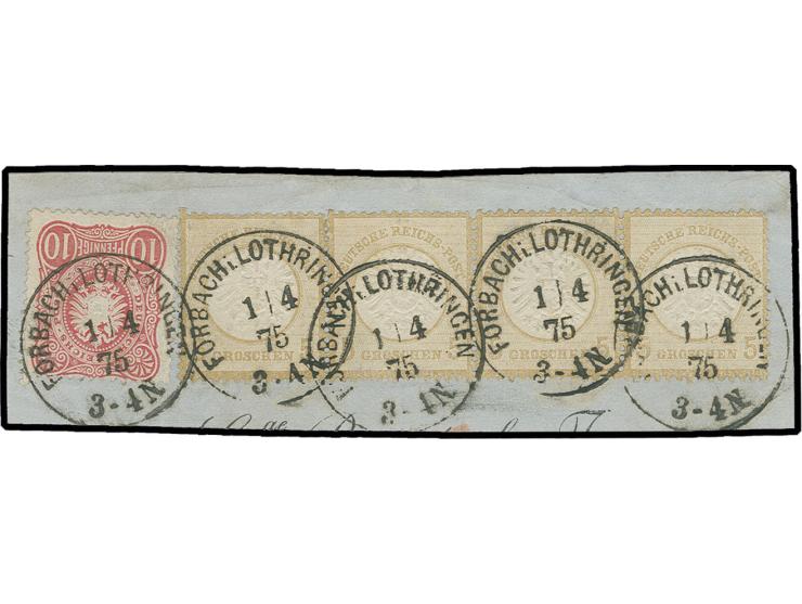 5 Gr. braun im waagerechten 4er-Streifen, farbfrisch, sehr gut geprägt und gezähnt in Mischfrankatur mit 1875, 10 Pfge. mit E