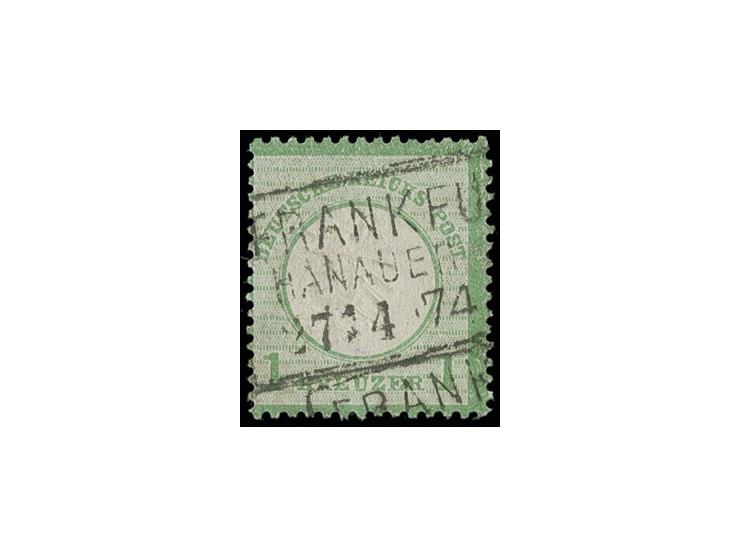 1 Kr. gelblichgrün mit stark nach links verschobener Prägung, mit Ra3 "FRANKFURT A.M. / HANAUER BAHNH. / 27/4 74", etwas unre