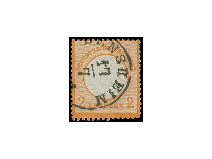 2 Kr. orange, sehr schöne tiefe und frische Farbe, sehr gut geprägt und bis auf einen leicht verkürzten Eckzahn gut gezähnt, 