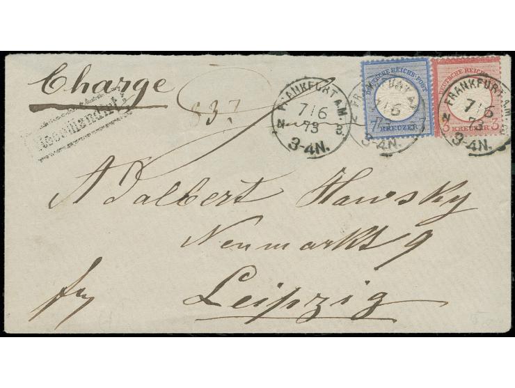 7 Kr. grauultramarin und 3 Kr. rötlichkarmin mit DKr. "FRANKFURT A.M. 7/6 73" auf eingeschriebenem Brief (ohne rückseitige Kl