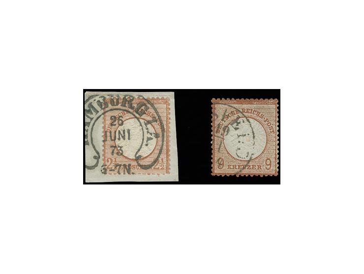 9 Kr. braunorange in dunkler Nuance mit Taxis-EKr. von Alsfeld und 2½ Gr. mit Hufeisenstempel von Hamburg auf Briefstück, Pra