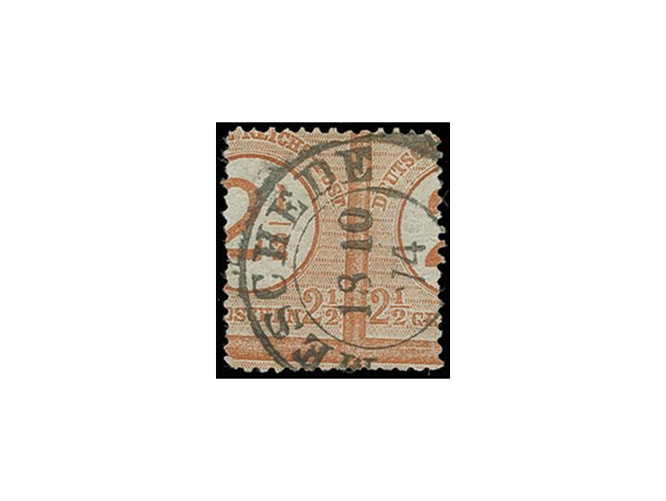 1874, 2½ auf 2½ Gr. braunorange mit Preußen-DKr. "MESCHEDE 18 10 74", die Marke hat eine extrem starke vertikale Verzähnung (