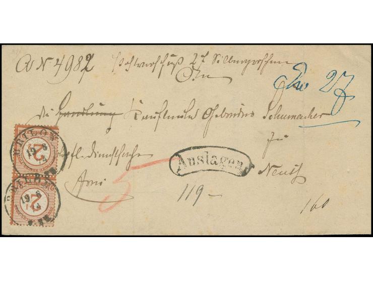 2 ½ auf 2 ½ Gr. braunorange, senkrechtes Paar mit Preußen DKr. "BRILON 19 8 74" auf Dienst-Postvorschuss-Faltbrief nach Neuss
