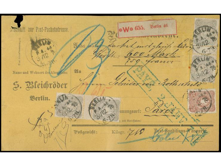 50 Pfge. gelbgrau, 2  senkrechte Zwischenstegpaare, und 25 Pfge. lilabraun mit EKr. "BERLIN P.A.46 31.12.76" vorderseitig auf