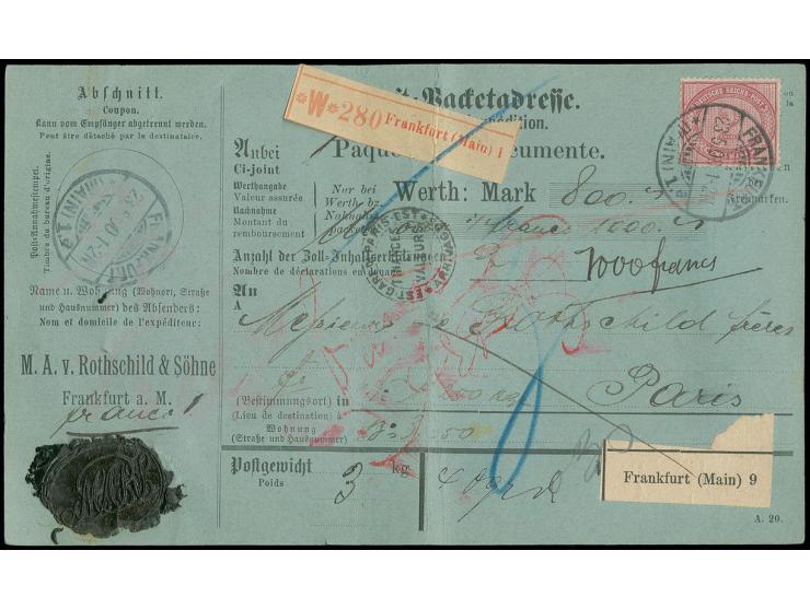 2 M. dunkelrotkarmin in Mischfrankatur mit Germania Reichspost 5 Pfg. im senkrechten 3er-Streifen, vorder- bzw. rückseitig mi