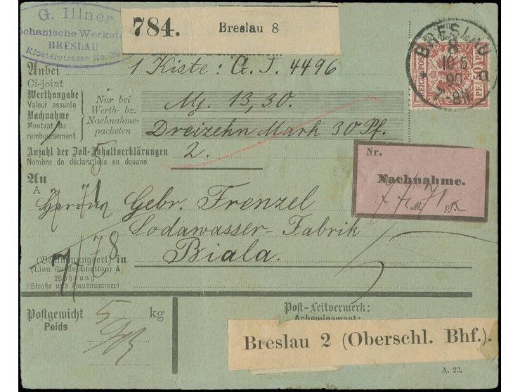 25 Pfg. lebhaftgelbbraun in Mischfrankatur mit Krone/Adler Frühauflage 5 Pfg. grün, linke untere Bogenecke und 50 Pfg. bräunl