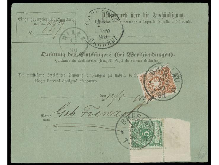 25 Pfg. lebhaftgelbbraun in Mischfrankatur mit Krone/Adler Frühauflage 5 Pfg. grün, linke untere Bogenecke und 50 Pfg. bräunl