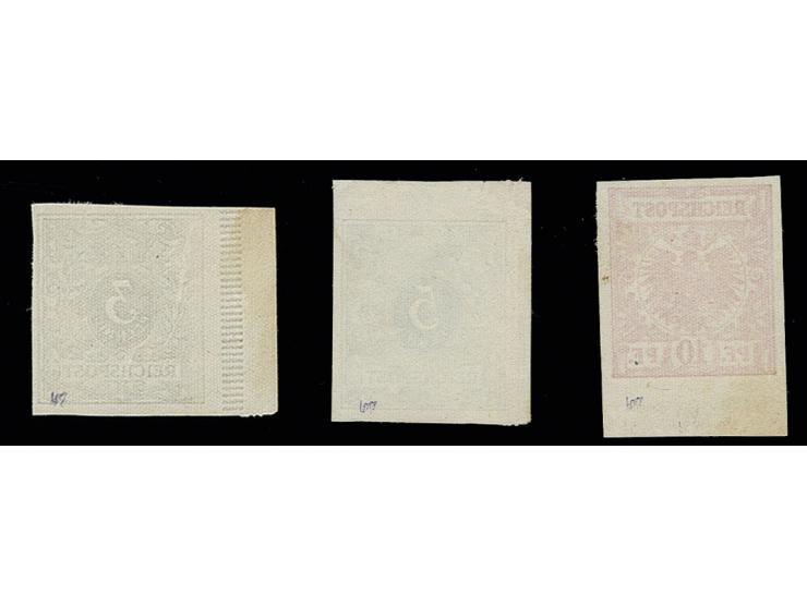 Versuchdrucke mit wabenförmigen Einprägungen: 3-10 Pfg. ungezähnt, 3 Pfg. mit linkem Bogenrand, 2 und 10 Pfg. breitrandig ges