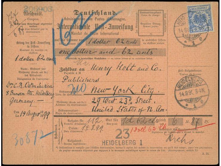 20 Pfg. violettultramarin auf kpl. Postanweisung von "HEIDELBERG 14.8.99" nach New York, Formular oben kl. Einriss geklebt