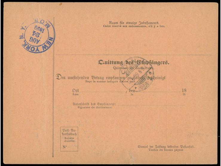 20 Pfg. violettultramarin auf kpl. Postanweisung von "HEIDELBERG 14.8.99" nach New York, Formular oben kl. Einriss geklebt