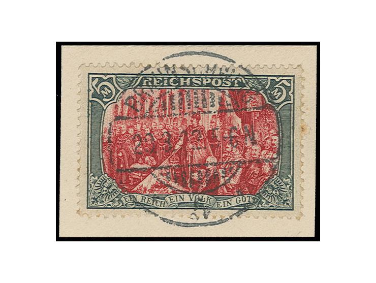 5 M. in Type I mit zentrischem Stempel "BRAUNSCHWEIG 29.3.02" auf Briefstück, rechts ein Zahn Stockpunkt, sonst tadellos, Fot